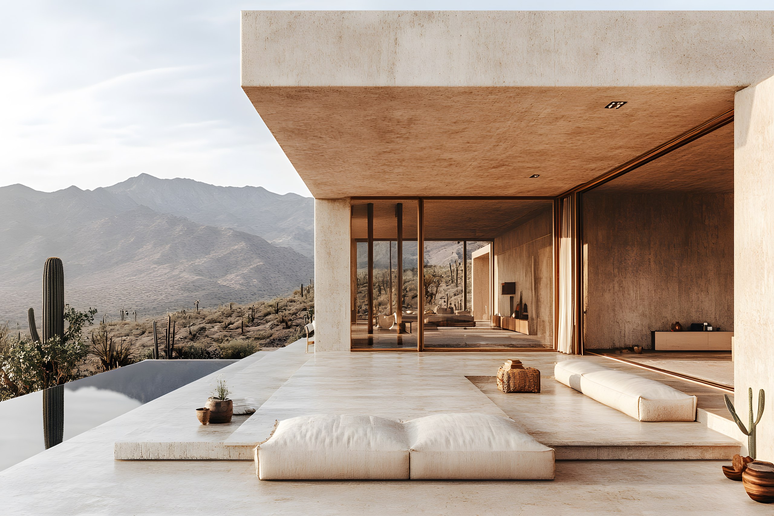 A concrete desert residence open to a terrace, with mountains beyond