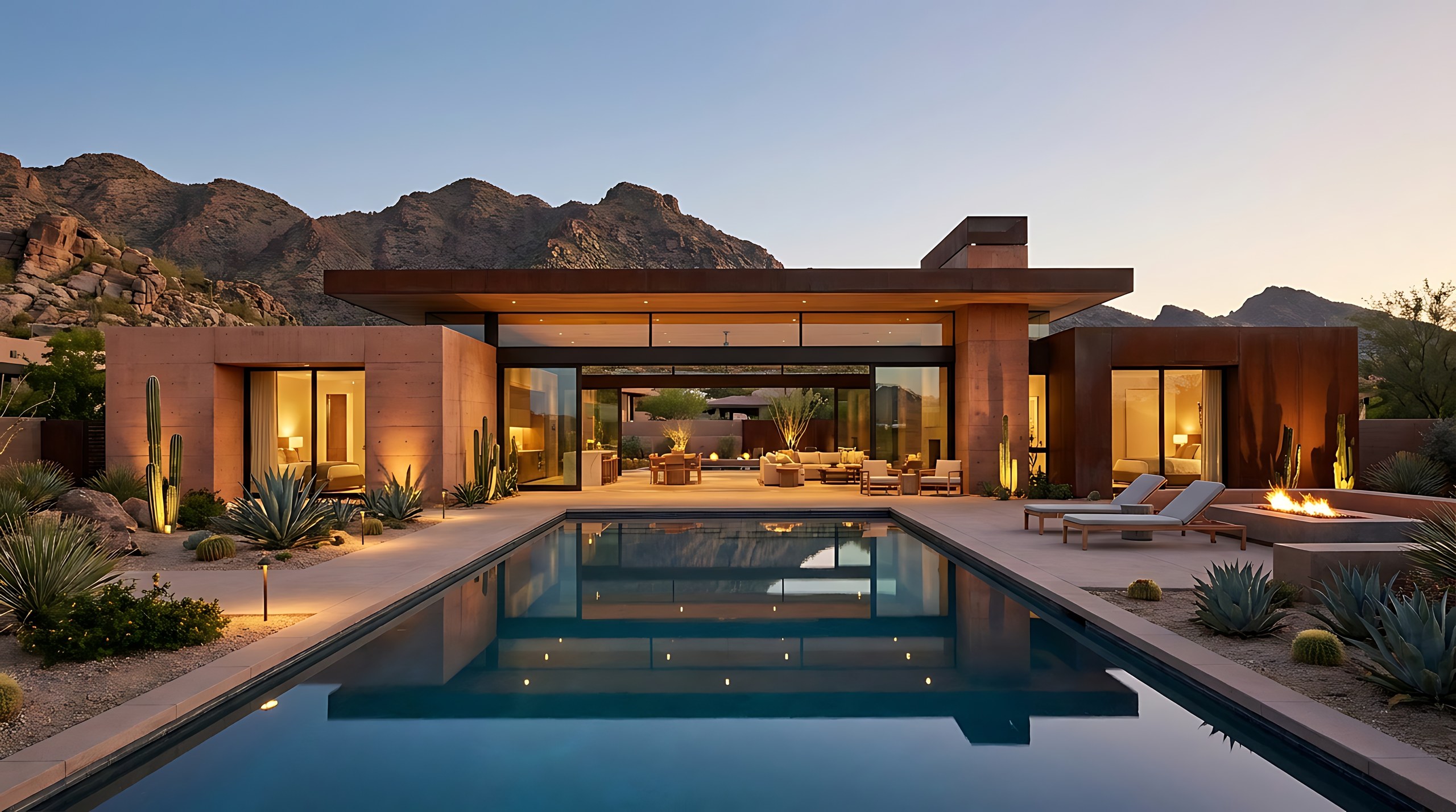 A single storey desert home lit from within at dusk, with a long pool and mountains behind